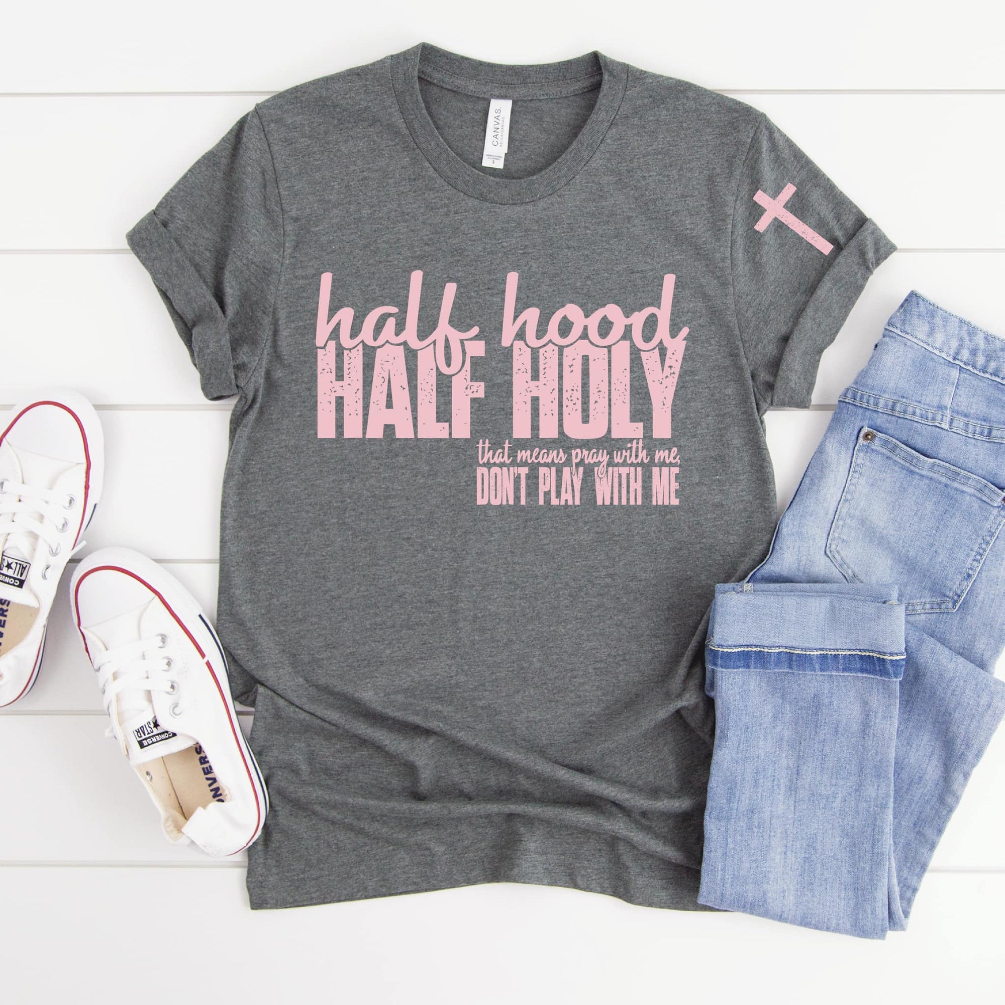 Half Hood Half Holy With Sleeve Accent Graphic Tee