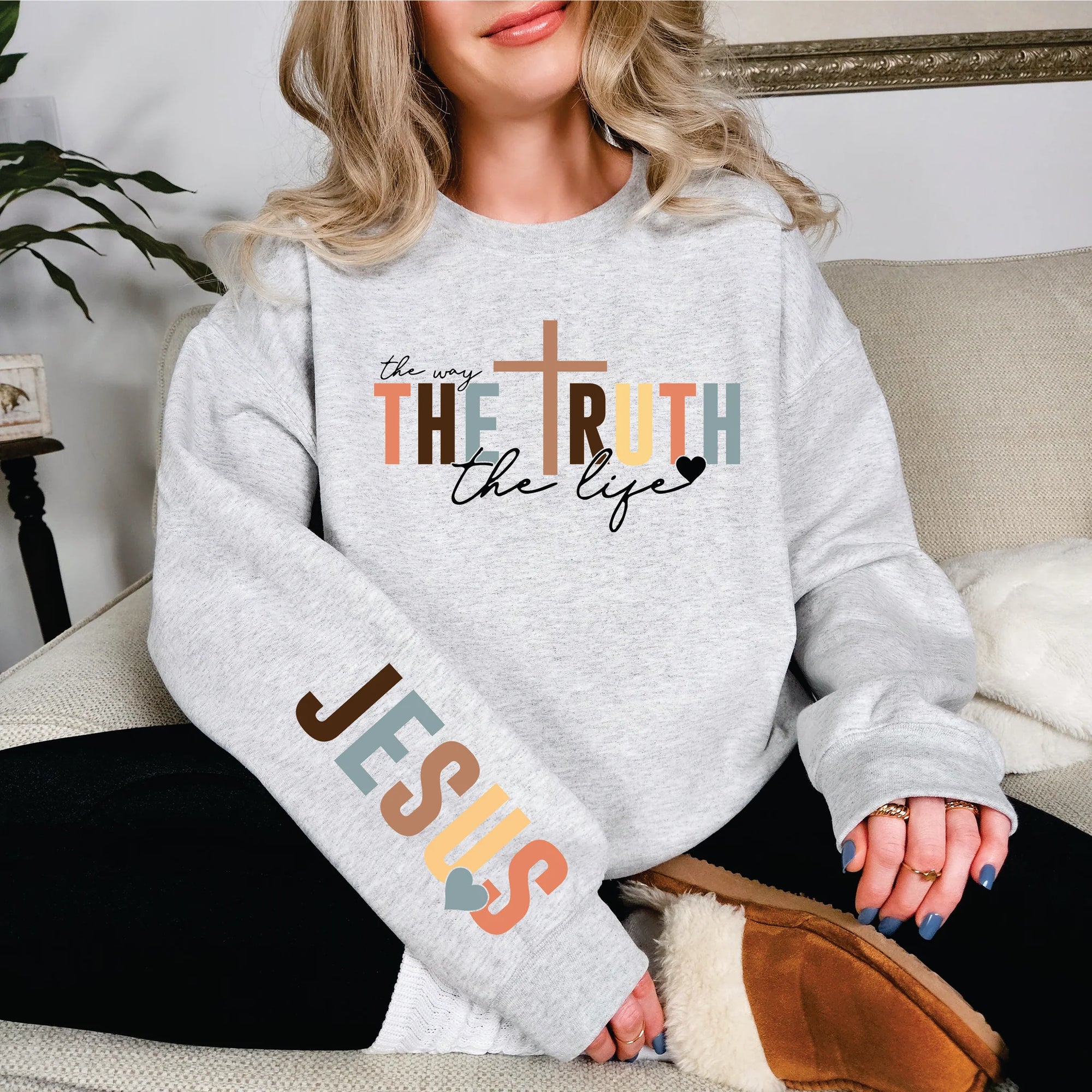 The Way the Truth with Jesus With  Sleeve Accent Sweatshirt